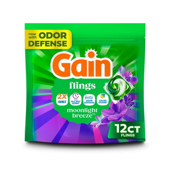 Gain Flings Laundry Detergent Soap Pacs, 4-in-1 Oxi Boost and Febreze, Moonlight Breeze Scent, 12 Count