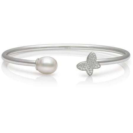 8-9mm Genuine White Cultured Freshwater Pearl and CZ Encrusted Butterfly Sterling Silver Open Bangle Bracelet, 6.5