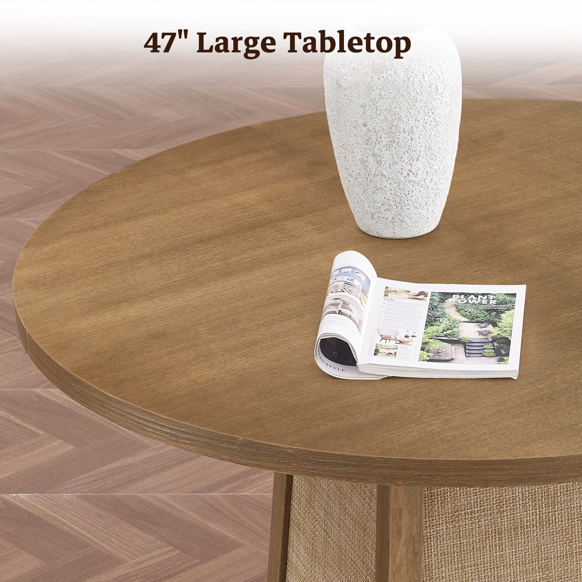 SICOTAS 47" Boho Round Solid Wood Dining Table for 4, Farmhouse Rattan Kitchen Table with 1.4" Thickened Tabletop for Dining Room, Living Room, Natural Wood