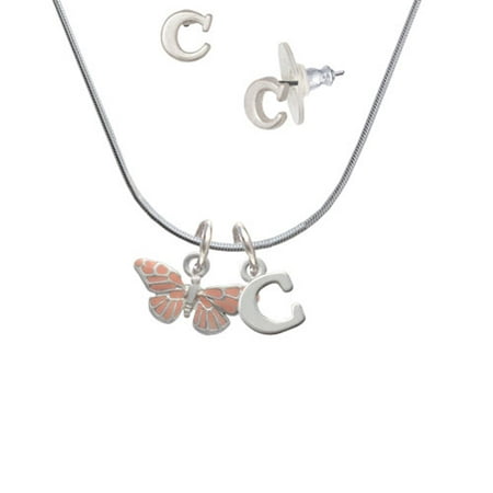 Small Butterfly Earrings - Small Pink Butterfly - C Initial Charm Necklace and Stud Earrings Jewelry Set