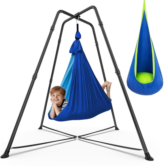 Yacona Sensory Swing with Stand, Heavy-Duty Metal Swing Frame, with Sensory Chair and Pod Swing, Hammock with Stand for Kids, Blue