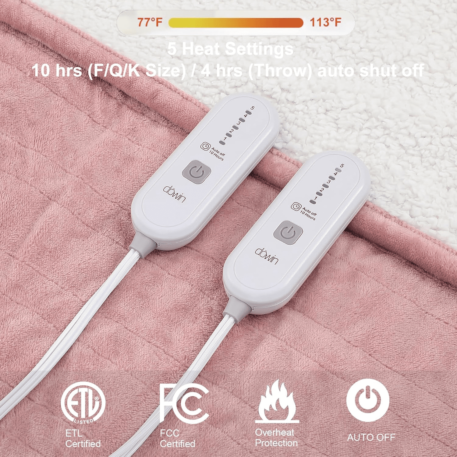 Dowin Pink Heated Blanket King Size - Electric Blankets with Dual Control, 5 Heating Levels, 10 Hrs Auto Off, Sherpa Flannel Warming Blanket for Bed, Machine Washable, 90×100"