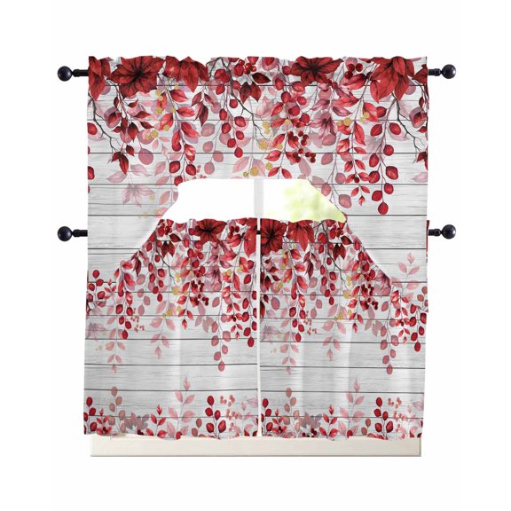 Red Eucalyptus Leaves Swag Curtains for Living Room/Bedroom Windows, Summer Botanical Weeping Wooden Kitchen Curtains and Valances Set 36 Inch Length, Light Filtering Swags Valance Curtain Panels