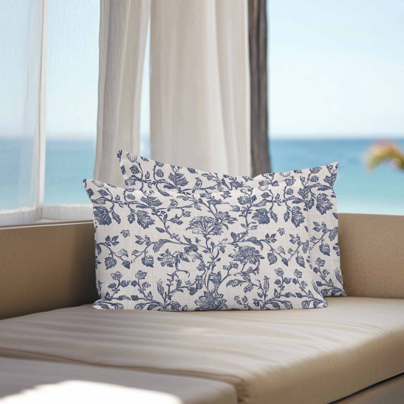 Blue Floral Leaf Waterproof Outdoor Throw Pillow Covers 12''x20'' Pack 2, Pillow Cases Throw Cushion Cover with Zipper, Retro Farmhouse Plant Tree Branch Washable Pillowcase for Poolside Sofa