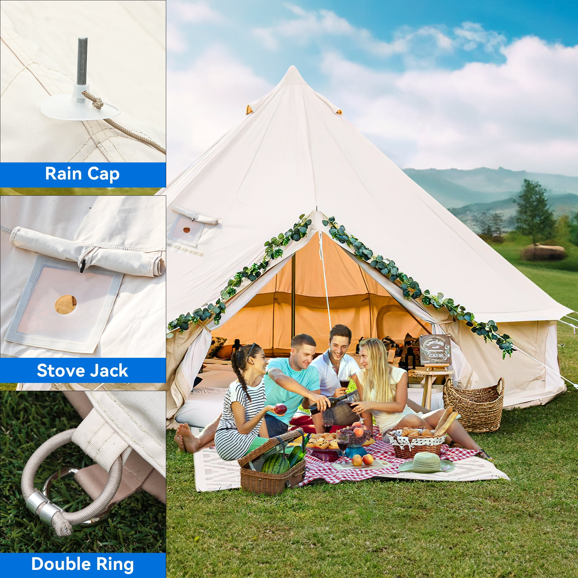 Dextrus 4 Seasons Glamping Bell Tent Waterproof with Stove Jacks & Windows for Camping, Picnic, Barbecue