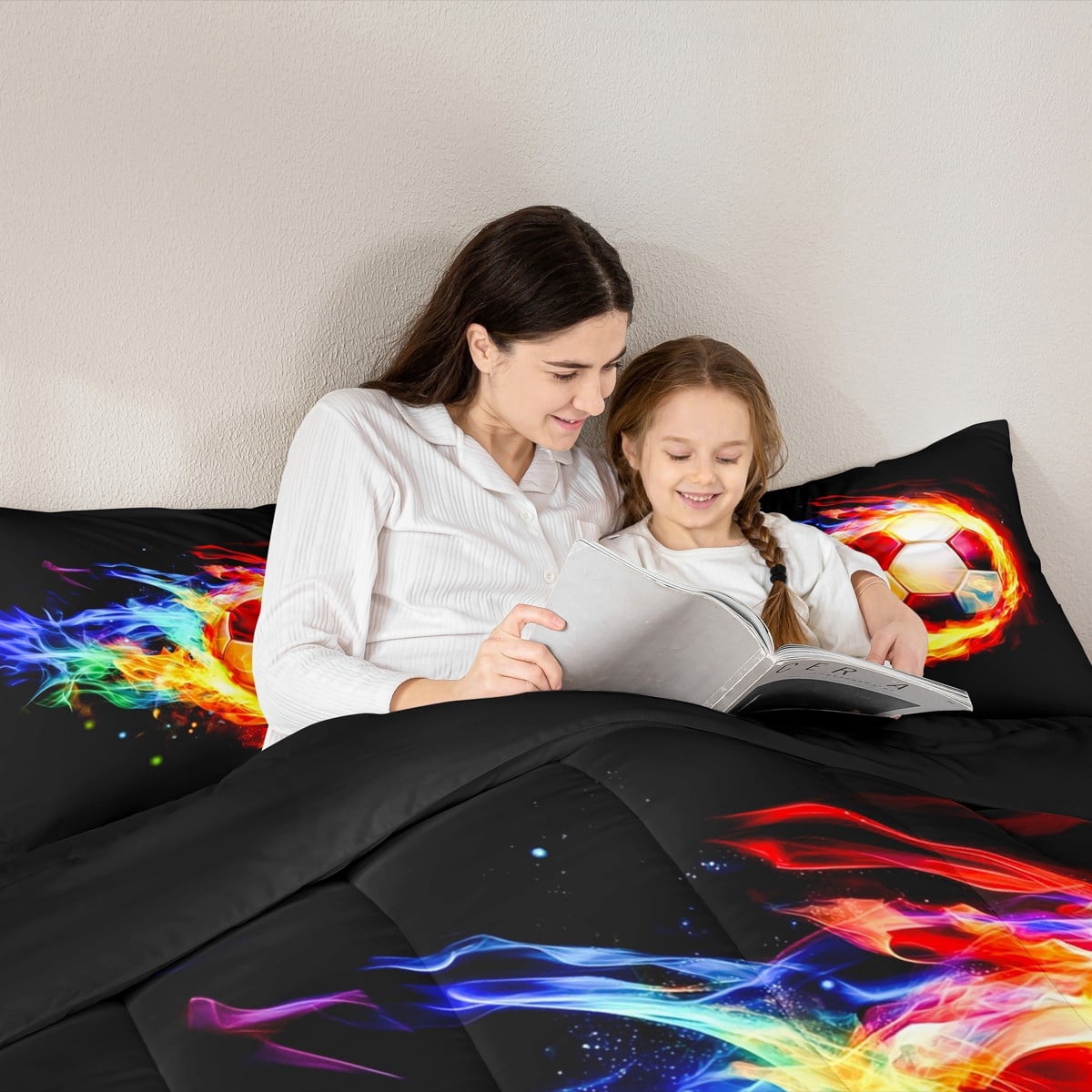 jejeloiu Sports Football Queen Comforter Set,Soccer Game Bedding Sets,Colorful Flame Bedding Comforter Set For Children,Super Cozy Bedroom Decor Reversible,3 Pieces