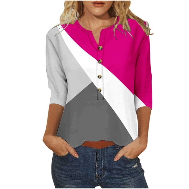 Tops de Algodón para las Mujeres Impreso Botón 3/4 Manga Suelta Tee, Suave Casual 3/4 Manga Superior