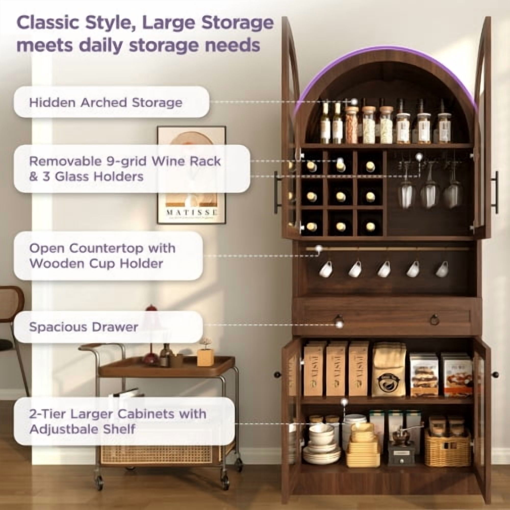 70" Tall Arched Bar Cabinet, Mid-Century Wine & Coffee Bar Cabinet with Tempered Glass Doors, 9 Wine Racks, 3 Glass Holders, Adjustable Shelf, 5 Hooks, Large Drawer, Walnut