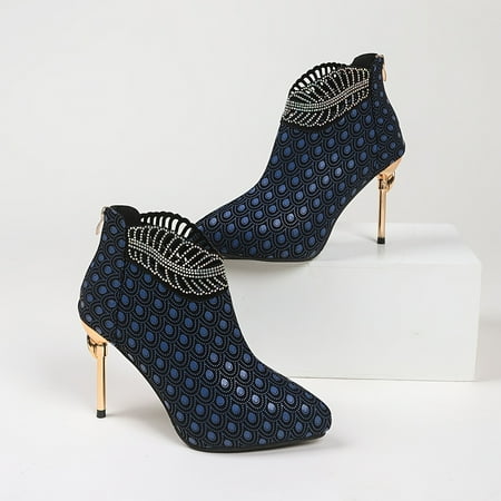 

Women‘s Pointed Toe High Heel Ankle Boots Decorative Heel Rhinestone Stiletto Heels Fashion Back Zipper Shoes