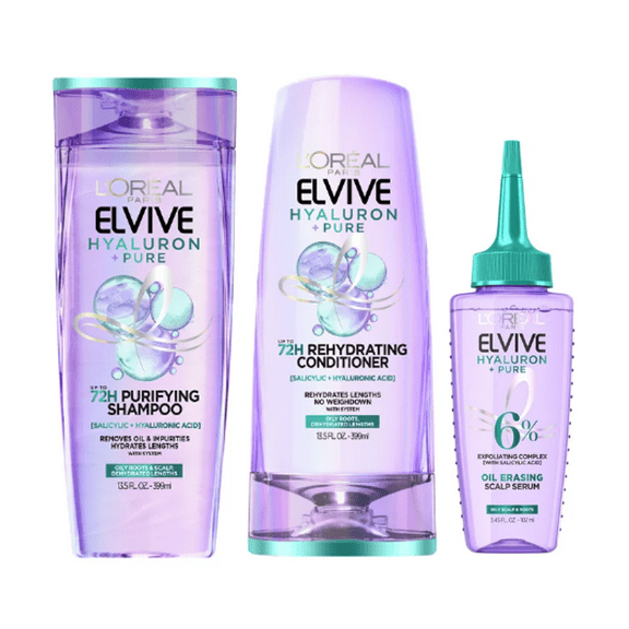 L'Oreal Paris Elvive Hyaluron Pure Shampoo, Conditioner, and Serum Set for Oily Hair, 13.5 fl oz