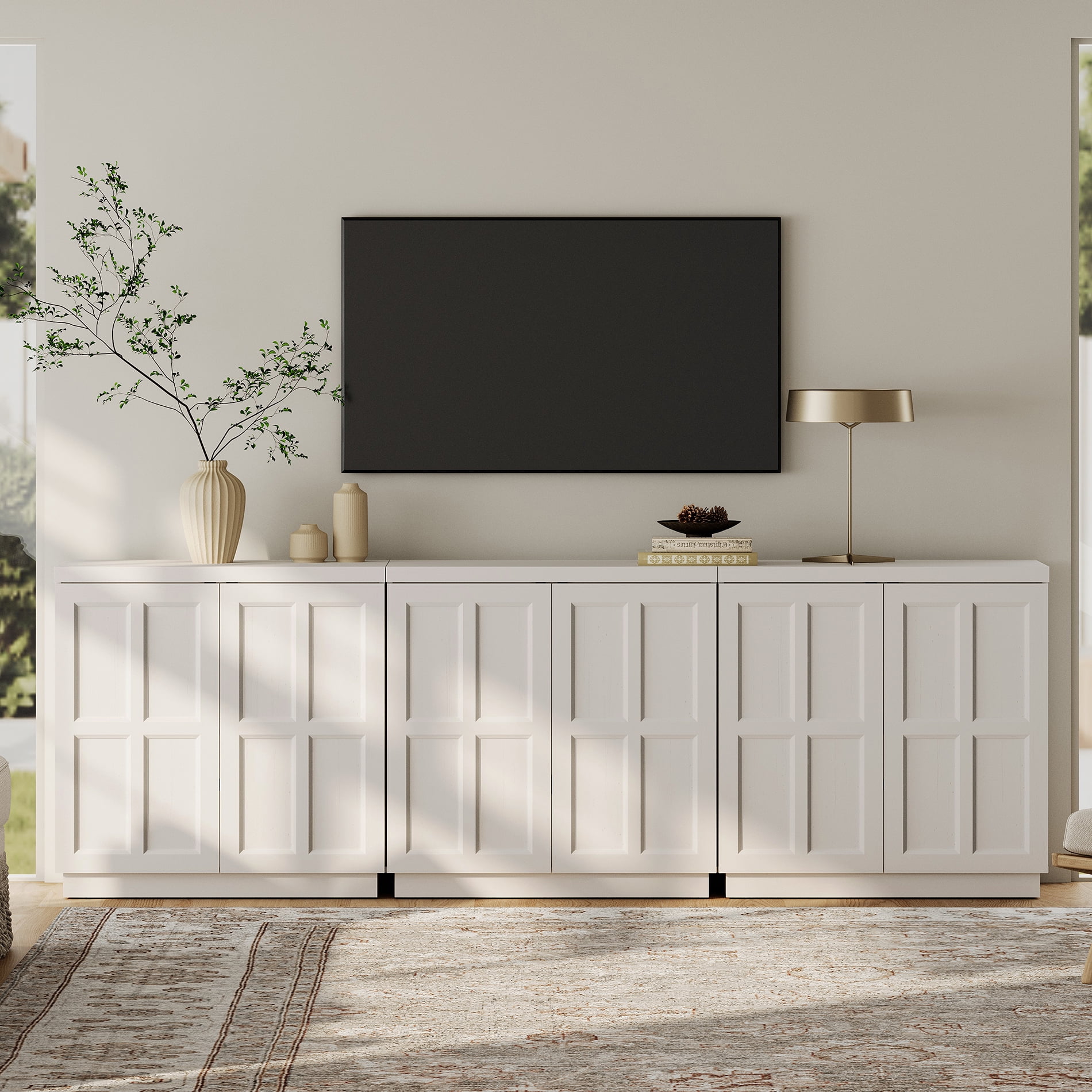 HOMOOI TV Stand for 70-100"TV, Boho 94.5" Wood Media Console with Doors, Adjustable Shelves and Cable Management Hole, Heavy-Duty Entertainment Center for Living Room, Bedroom,White