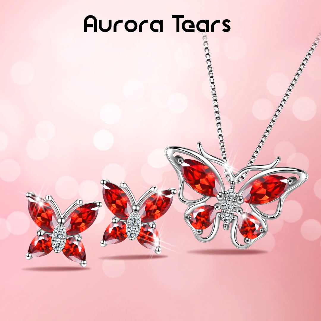 Red Butterfly Jewelry Garnet January Birthstone Jewelry Set Fine Necklace Earrings 925 Sterling Silver Women Birthday Mother's Day Gift