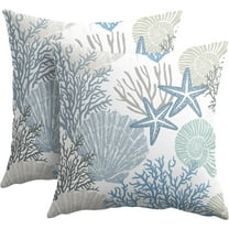Nautical Coastal Pillow Covers 18x18 Inch Set of 2 Blue Beach Theme Ocean Seashell Coral Starfish Throw Pillow Covers Summer Outdoor Pillow Cases Cotton Linen Cushion Covers for Couch Bed Sofa Decor