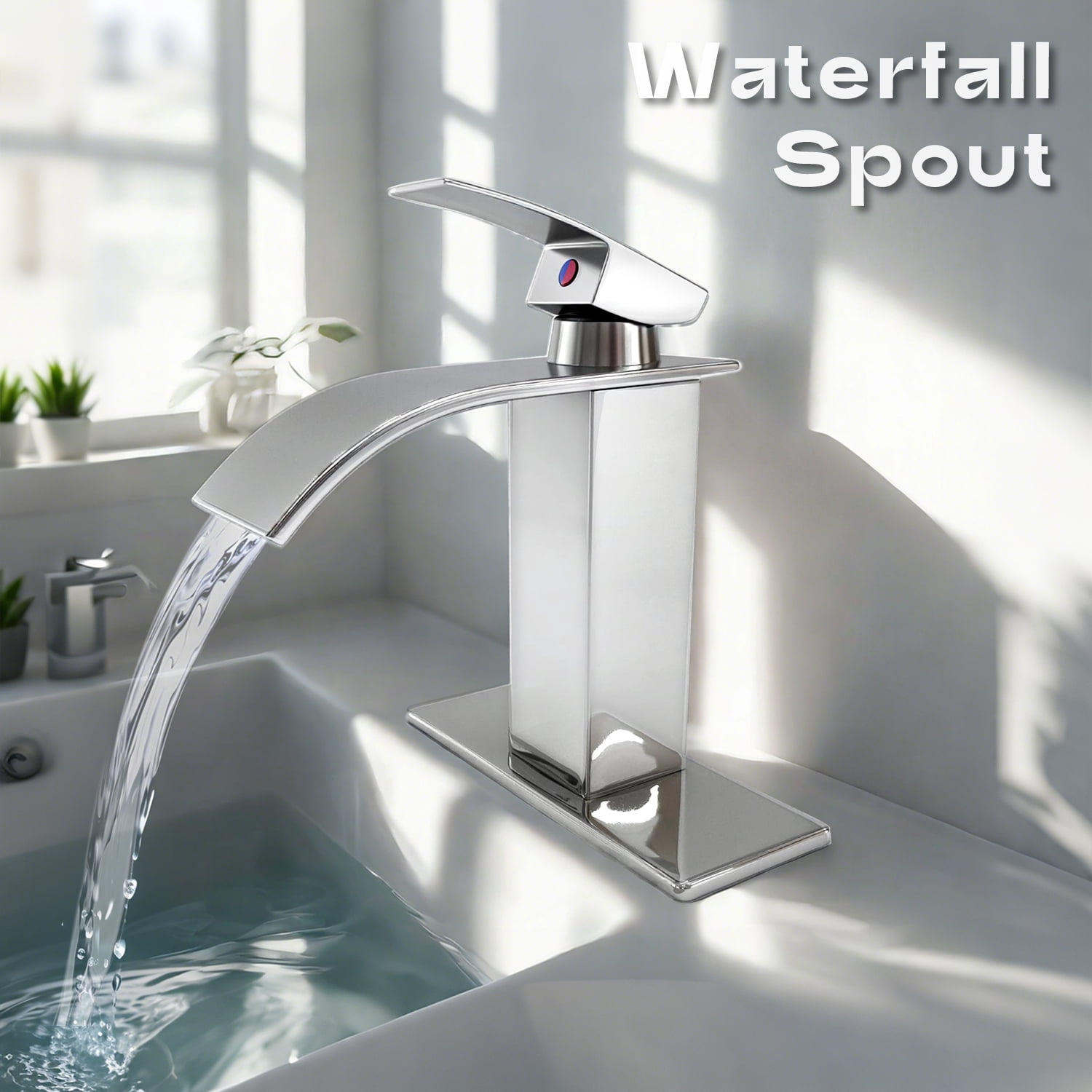 Bathroom Sink Faucet Waterfall Spout Hold & Cold Mixer Tap Single Handle Modern Lavatory Vanity Sink Faucet with Hose Deck Plate for 1 or 3 Holes, Chrome