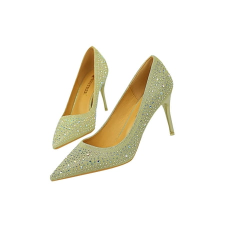 

Ferndule Ladies Stiletto Heel High Heels Casual Rhinestones Dress Shoes Fashion Pointed Toe Pumps Gold 9