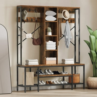 Uforic Farmhouse Coat Rack, 5-in-1 Entryway Hall Tree with Shoe Storage for Bedroom, Rustic Brown