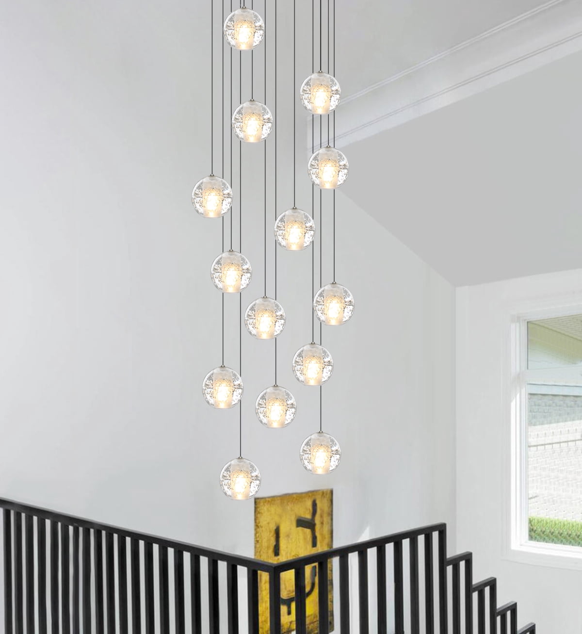Mini Crystal Chandelier Modern Stairwell Chandelier LED Pendant Light Fixture for Living Dinning Room,Flush Mount High Ceiling Light Fixtures for Bedroom(LED Bulbs Included, 14 Lights)