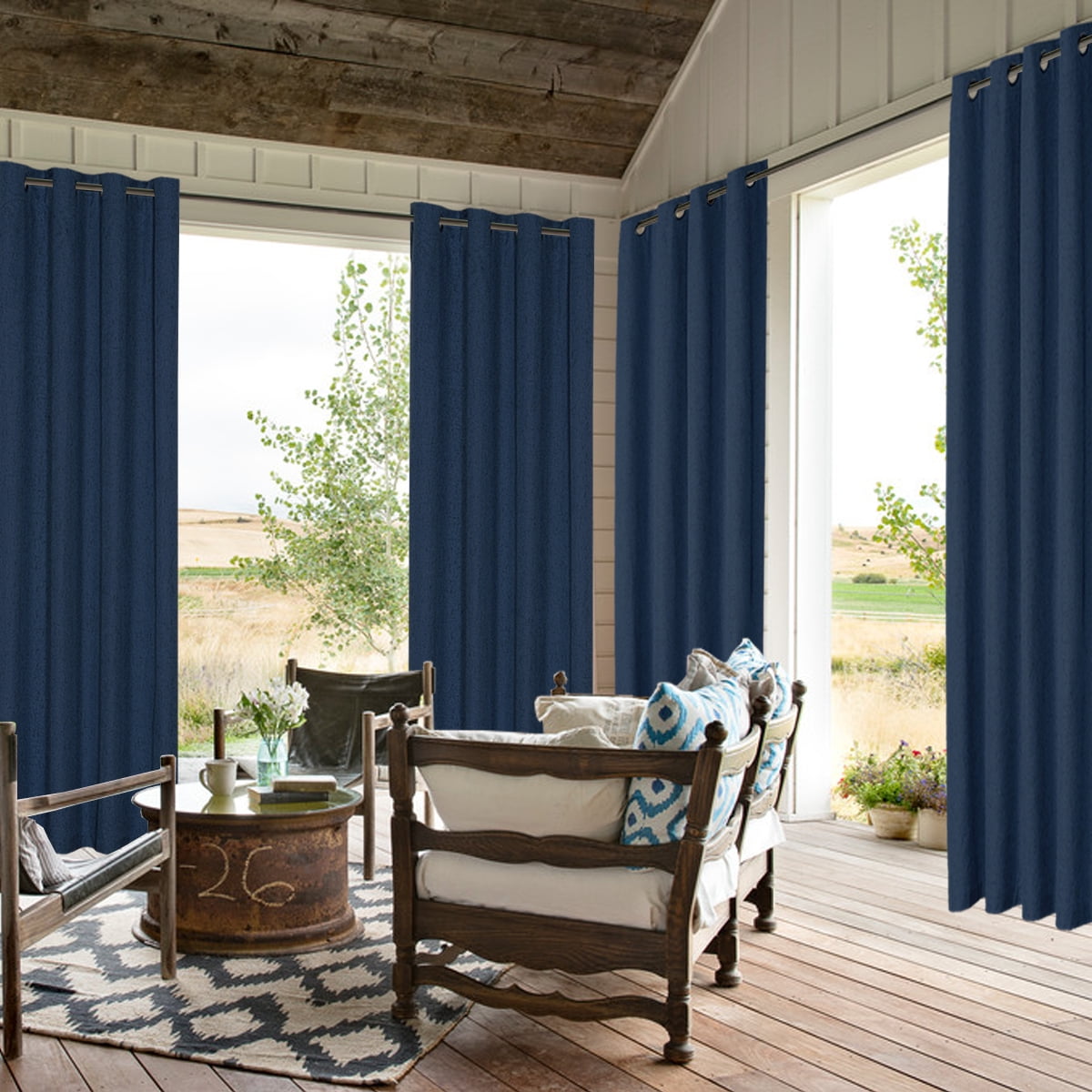 Primebeau 100% Blackout Grommet Textured Rich Material Faux Linen Curtains Panels(52 x 96 inches, Navy)