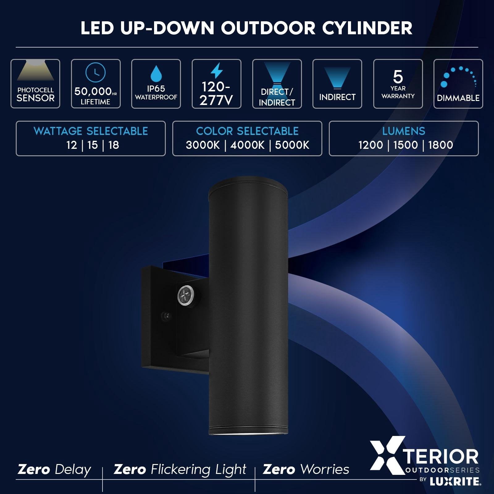 Luxrite Dusk to Dawn LED Outdoor Wall Light, 10", Up or Up and Down Light, 3CCT 3000K-5000K, 12/15/18W, IP65, ETL