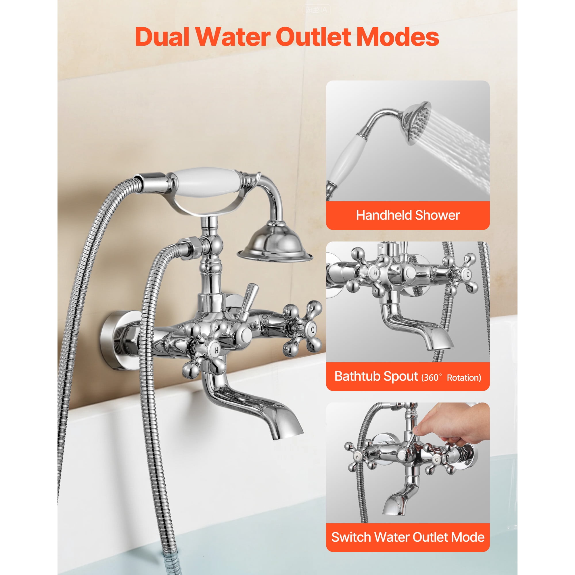 KFFKFF Wall-Mounted Clawfoot Tub Faucet with Handheld Shower, Vintage Polished Chrome Bathtub Filler Kit Featuring Adjustable Swing Arms and 360° Rotating Spout