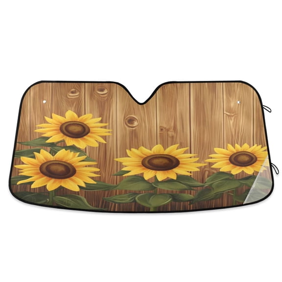 Universal Fit Accordion Auto Sunshade Windshield Sunshade 53'' x 23.5'' Wooden Background with Sunflowers