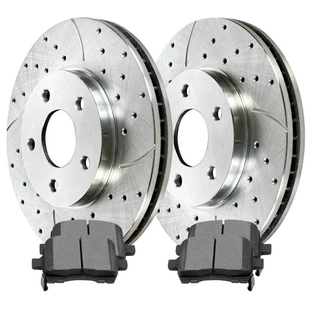 AutoShack Front Drilled Slotted Brake Rotors Silver and Ceramic Pads