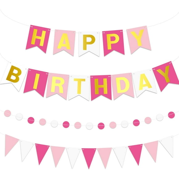 Pink Happy Birthday Banner Pre-strung Happy Birthday Bunting Banner with Golden Letters Rose Pennant Flags Sparkle Birthdays Decor Pink Themed Party Supplies for Women Girls Kids Adults