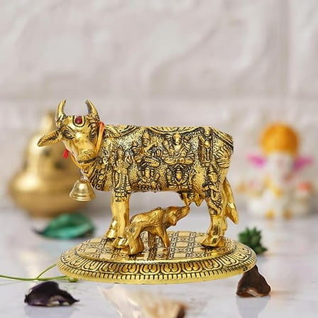 Swadeshi Desire Oxidized Metal Krishna with Religious Kamdhenu Cow with Calf Handmade Handicraft for Home Decor Gift Item, Gold