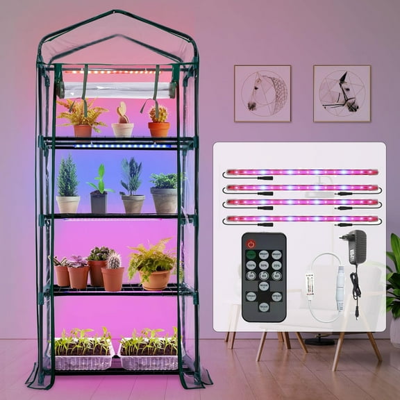 Indoor Greenhouse with LED Grow Lights, 4 Tier Mini Greenhouse with Roll-Up Zipper PVC Waterproof Cover and Trays, Dimmable Plant Grow Light for Indoor Plant with Timer, 27 L X 19 W X 63 H