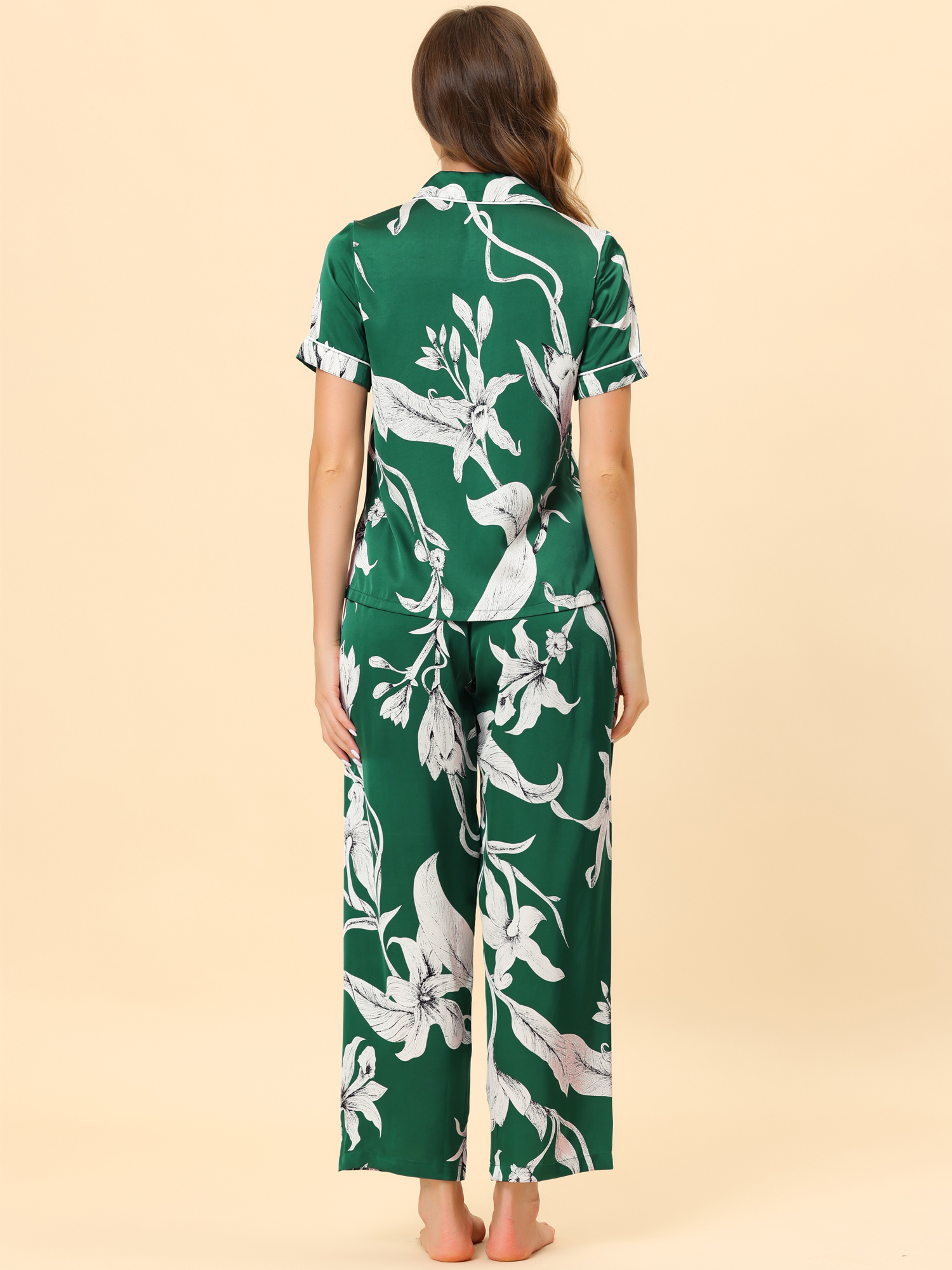 Unique Bargains Women's Pajama Set Silk Short Sleeves and Pants Floral Satin Sets