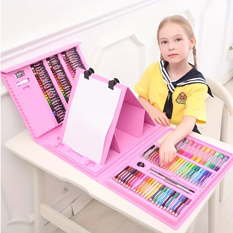Kids Art Set 208 Pcs Multicolor Drawing Kit with Trifold Easel Perfect Art Supplies for Kids 4-8 Pink Arts Crafts for School