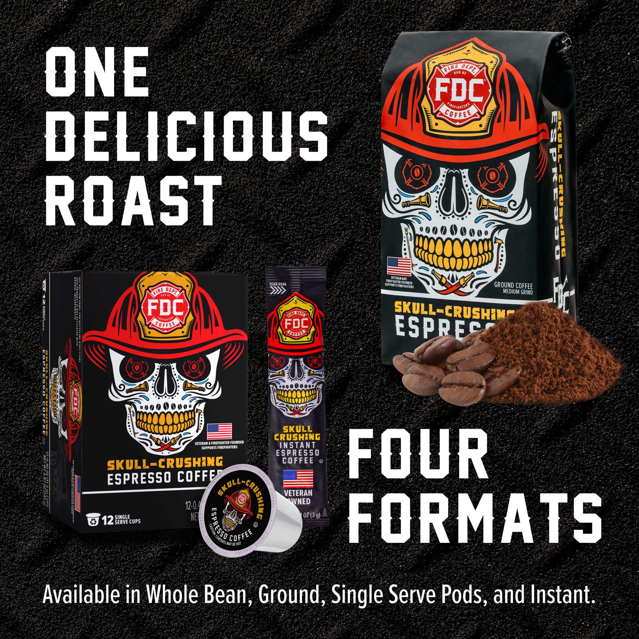 (6 pack) Fire Department Coffee Skull-Crushing Espresso Dark Roast Premium Ground Coffee, 12 oz