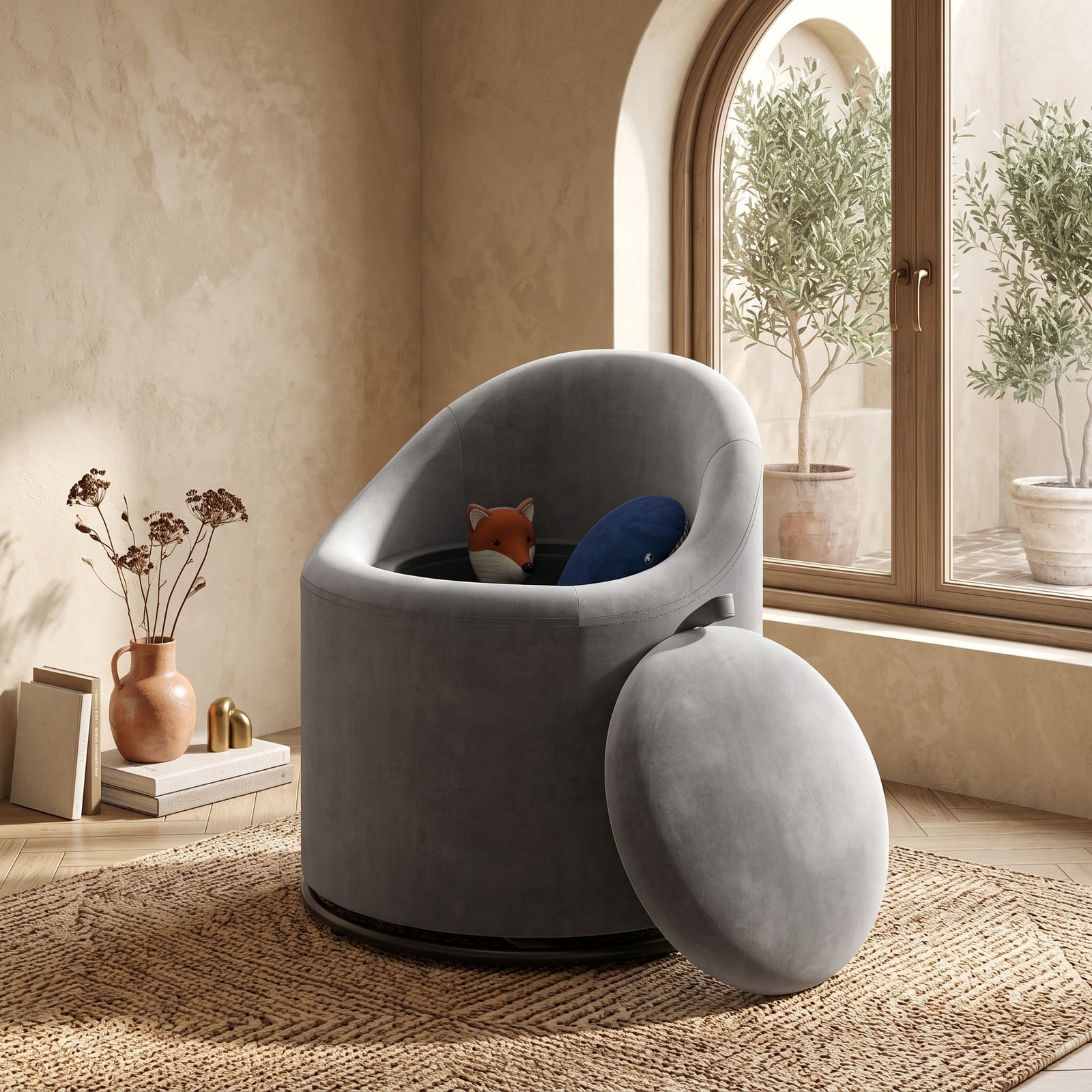 Furnibear Barrel Chair with Hidden Storage, 360 Degree Swivel Upholstered Velvet Accent Vanity Chair with Curved Backrest, Metal Base, No Assembly, for Bedroom, Gray