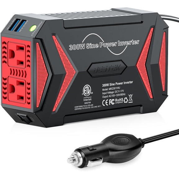 BESTEK 300W Car Power Inverter DC 12V To 110V AC Pure Sine Wave Dual USB Fast Charge Safety Certification, Black