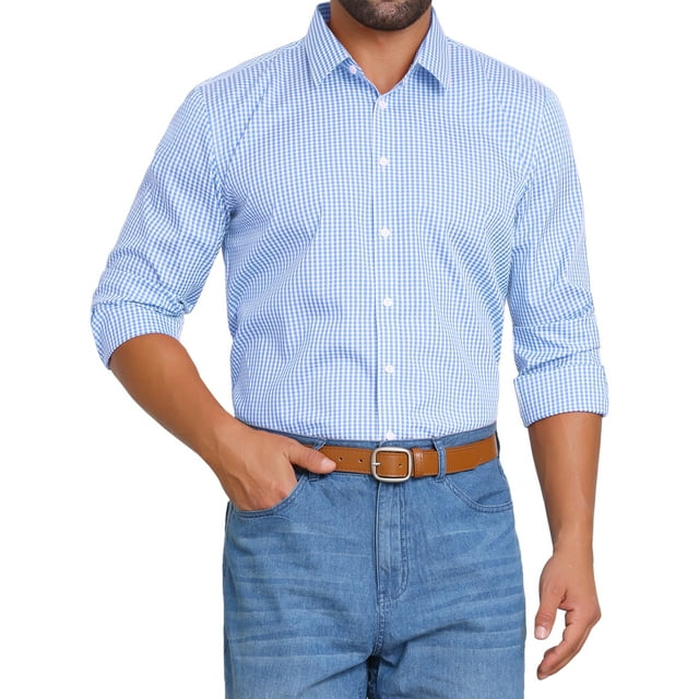 CAMISAS DE NEGOCIO DE MANGA LARGA PARA HOMBRES CON PATRÓN A CUADROS S AZUL