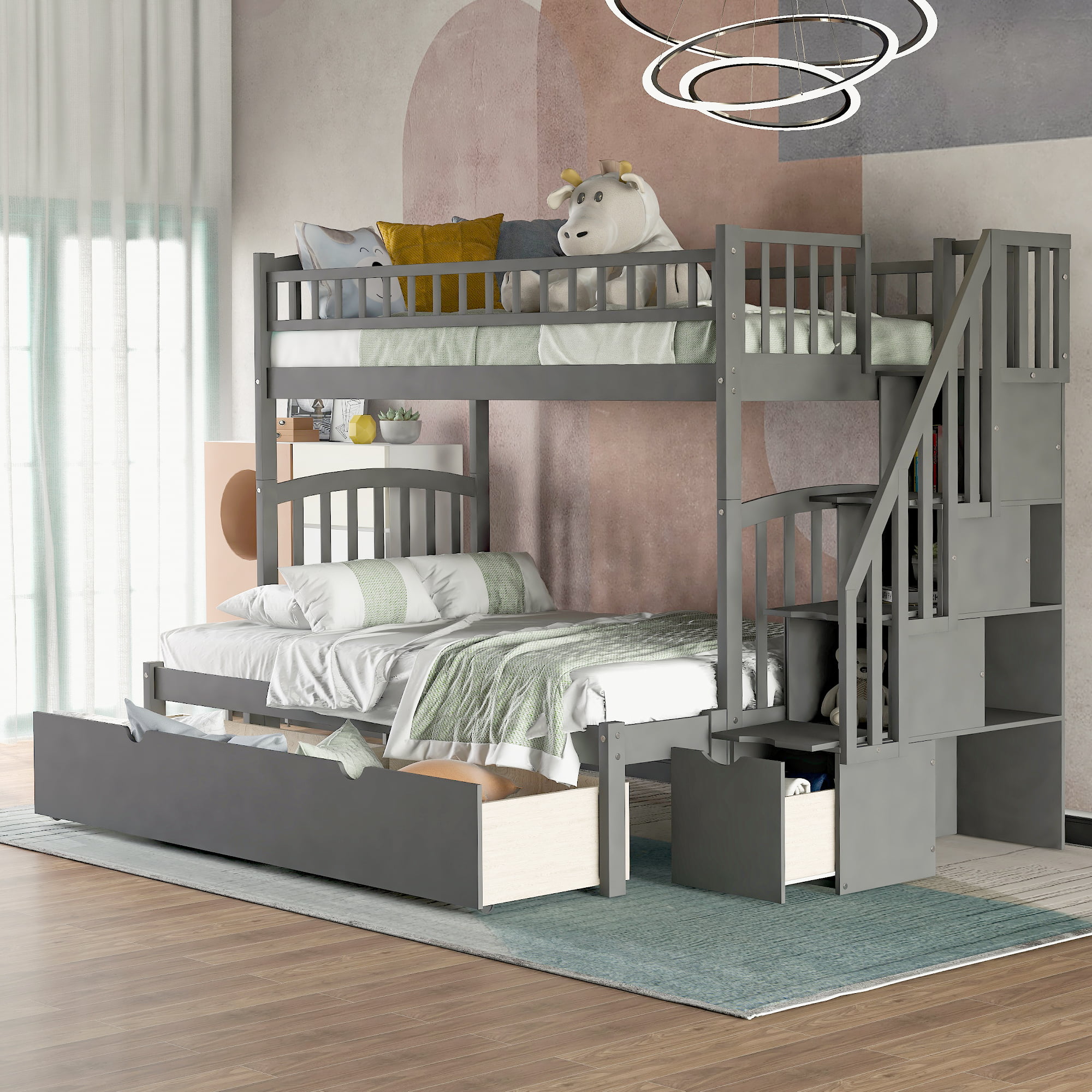 Euroco Solid Wood Twin Over Full Bunk, Gray Twin Over Full Bunk Bed With Stairs And Storage