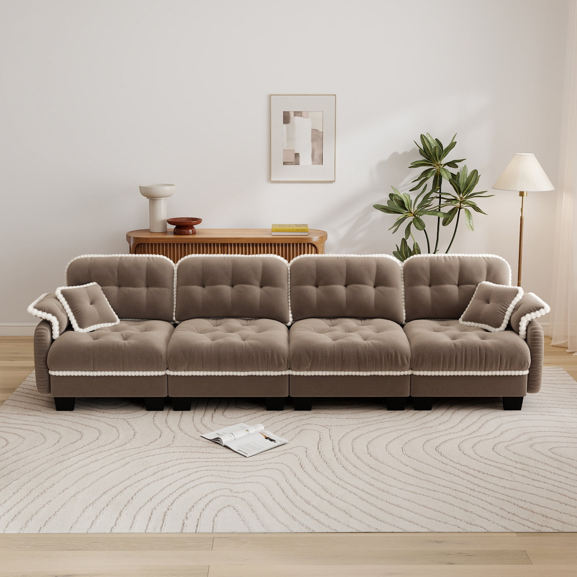 Aenkyo 131.5" Chenille Modular Sectional Sofa, 4-Seater with 23.8" Deep Seats, Camel