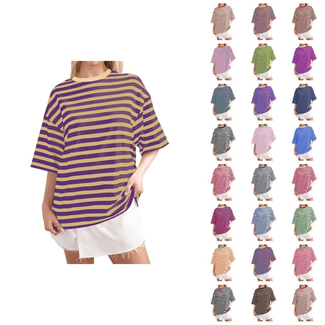 T-shirts Rayés pour Femmes 2026 Été à la Mode Manches Courtes Col Rond Confortables Légers