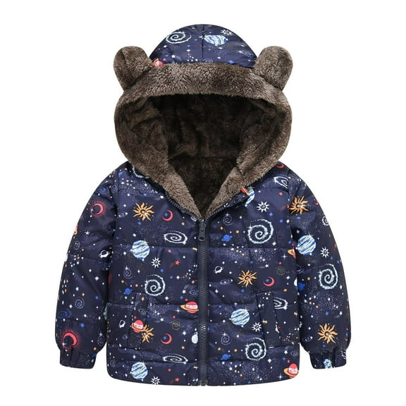 Odeerbi Toddler Boys Girls Winter Fleece Lined Jacket Toddler Baby Cute Flower Print Jacket 2025 Casual Plush Thick Keep Warm Hooded Coat Blue 18-24 Months