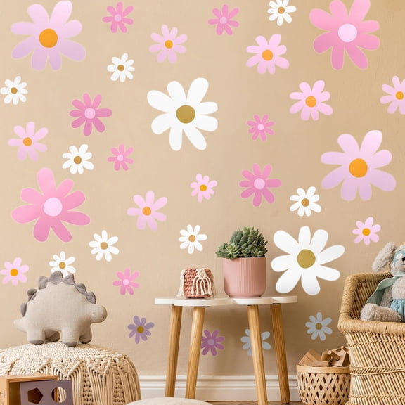 12 Sheets 34 Pcs Daisy Flower Wall Decals, Pink White Floral Wall Stickers, Removable Peel and Stick Wall Art for Nursery, Bedroom, Living Room Décor