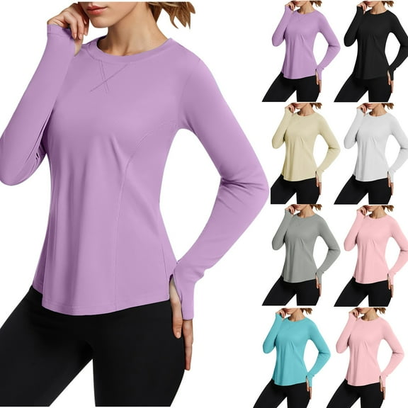 Fall Saving! HVOBTTY Women's Long Sleeved T Shirt, Fall and Winter Tops for Women, Women's Casual Solid Color Round Neck Long Sleeve Thumb Hole Sun Protection T Shirt Black, Black