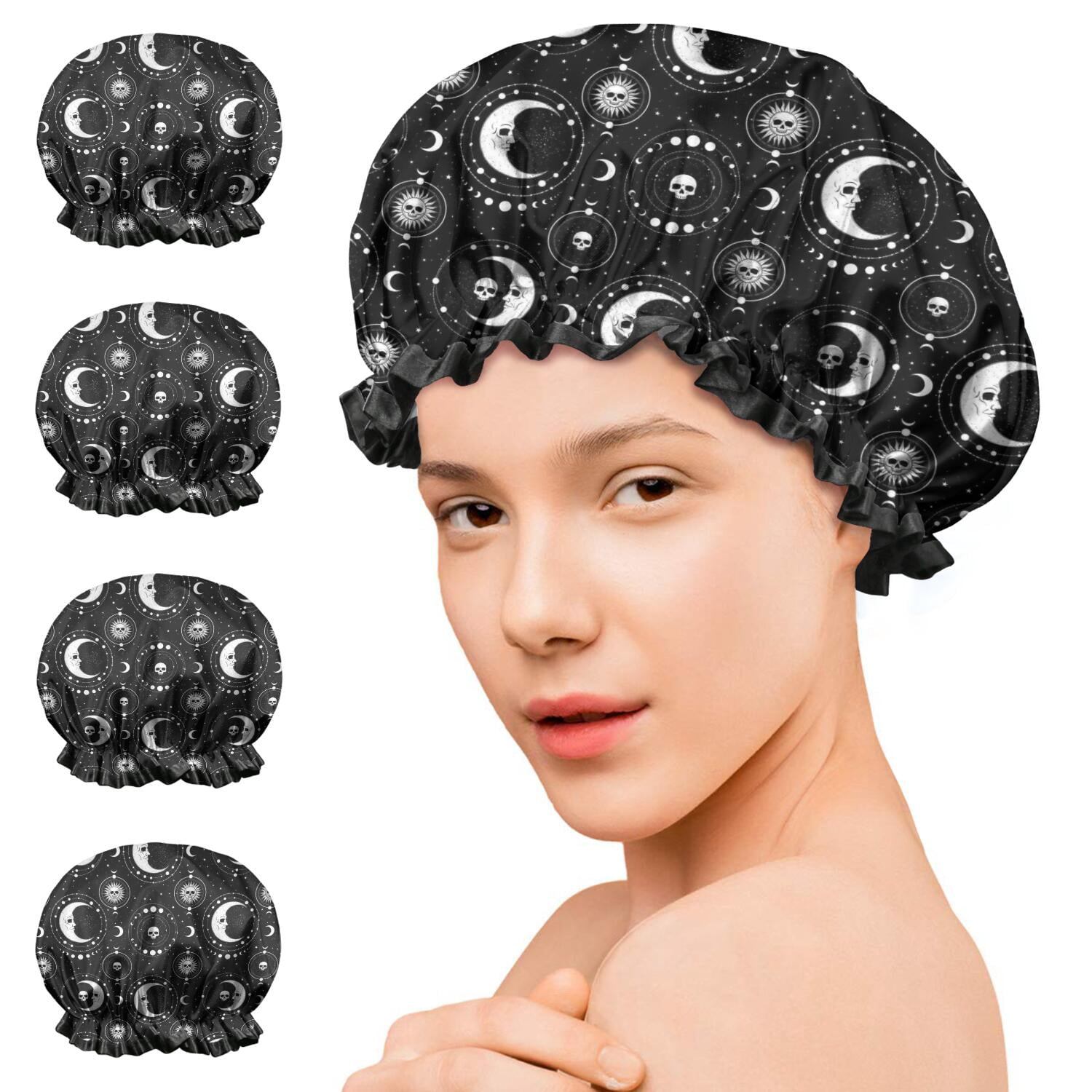 Shower Caps,Black Moon Skull Pattern Waterproof Shower Cap for Women 4 Pieces,Double Reusable Hair Cover for Shower PEVA Elastic Stretch Hem