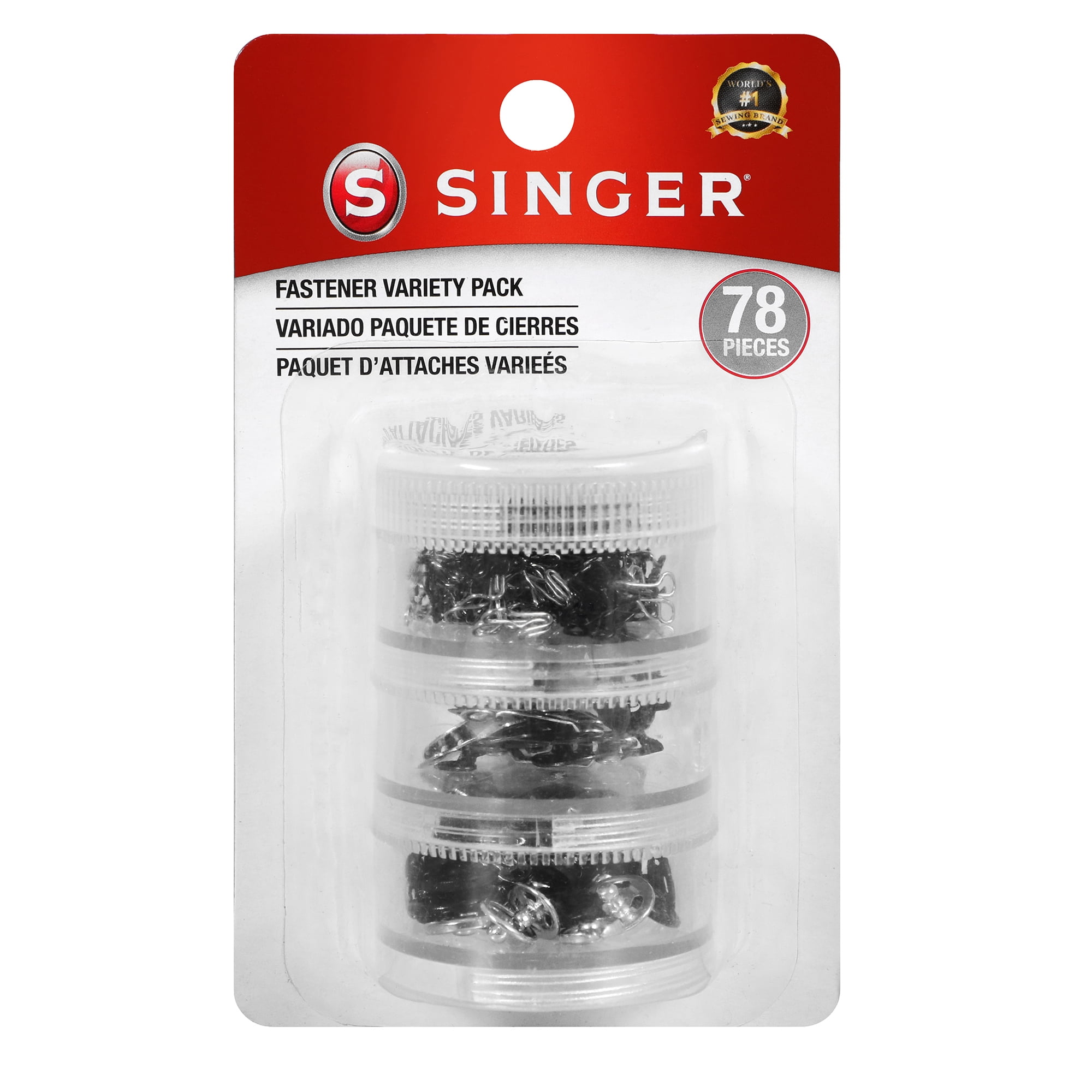 SINGER Fastener Variety Pack in Stackable Container - 48 Hook & Eyes, 24 Sew-On Snaps, 6 Hook & Bars