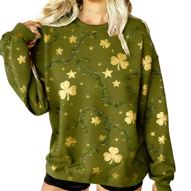 Crew Cuello Sudadera de Manga Larga de las Mujeres de San Patricio Día de Impresión Suéter, San Patricio Día Festivo Shamrock Top