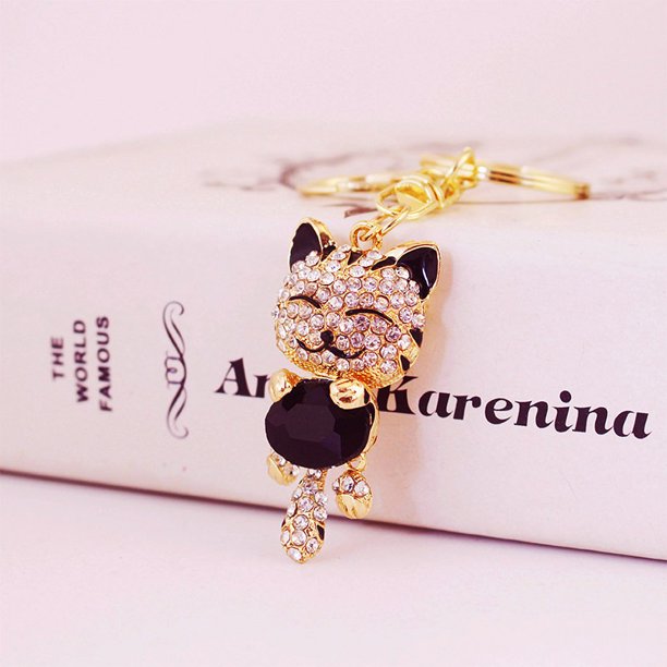 Llavero creativo con forma de gato de la suerte con incrustaciones de diamantes, accesorio para bolso de mujer, llavero con colgante de metal de gatito, regalo pequeño