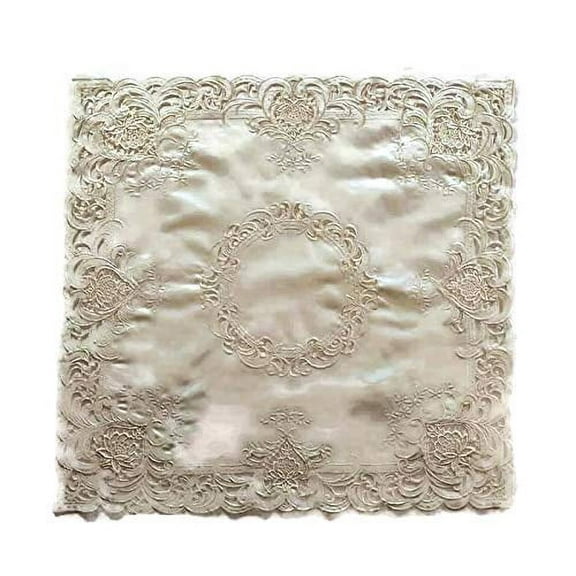 Doily Boutique Tablecloth or Table Topper Square Embroidered on Ivory Material and Lace Insets, Size 34 inches