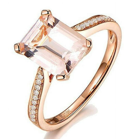 Limited Time Sale Antique 1.50 Carat Peach Pink Morganite (7x5mm Emerald Cut Morganite) and Diamond Moissanite Engagement Ring with 18k Gold Plating