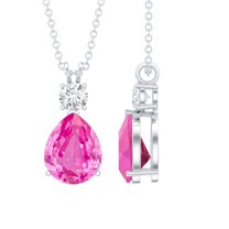Rosec Jewels Created Pink Sapphire Drop Pendant Necklace with Moissanite for Women - 8X10 mm, 18K White Gold