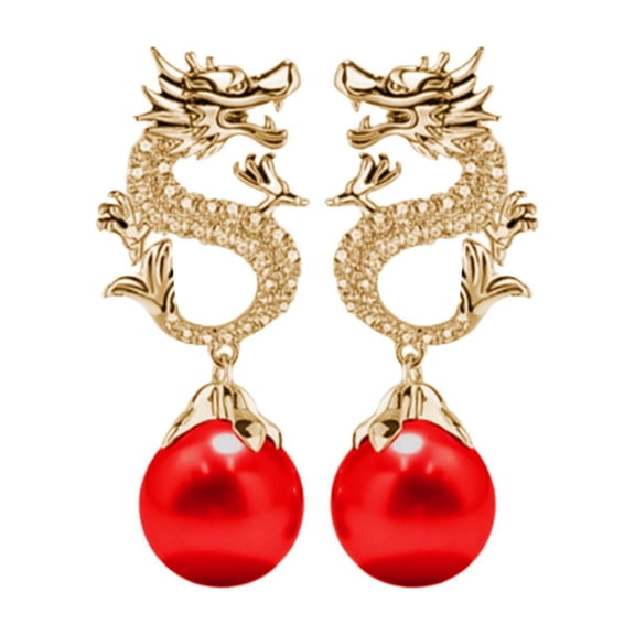 KDSJSXW Earrings Chinese New Year Dragon Earrings for Women Glitter Cubic Zirconia Pearl Dangle Expectation A Sense of Party Gift Jewelry Pearl Necklaces for Women (Red,One Size)