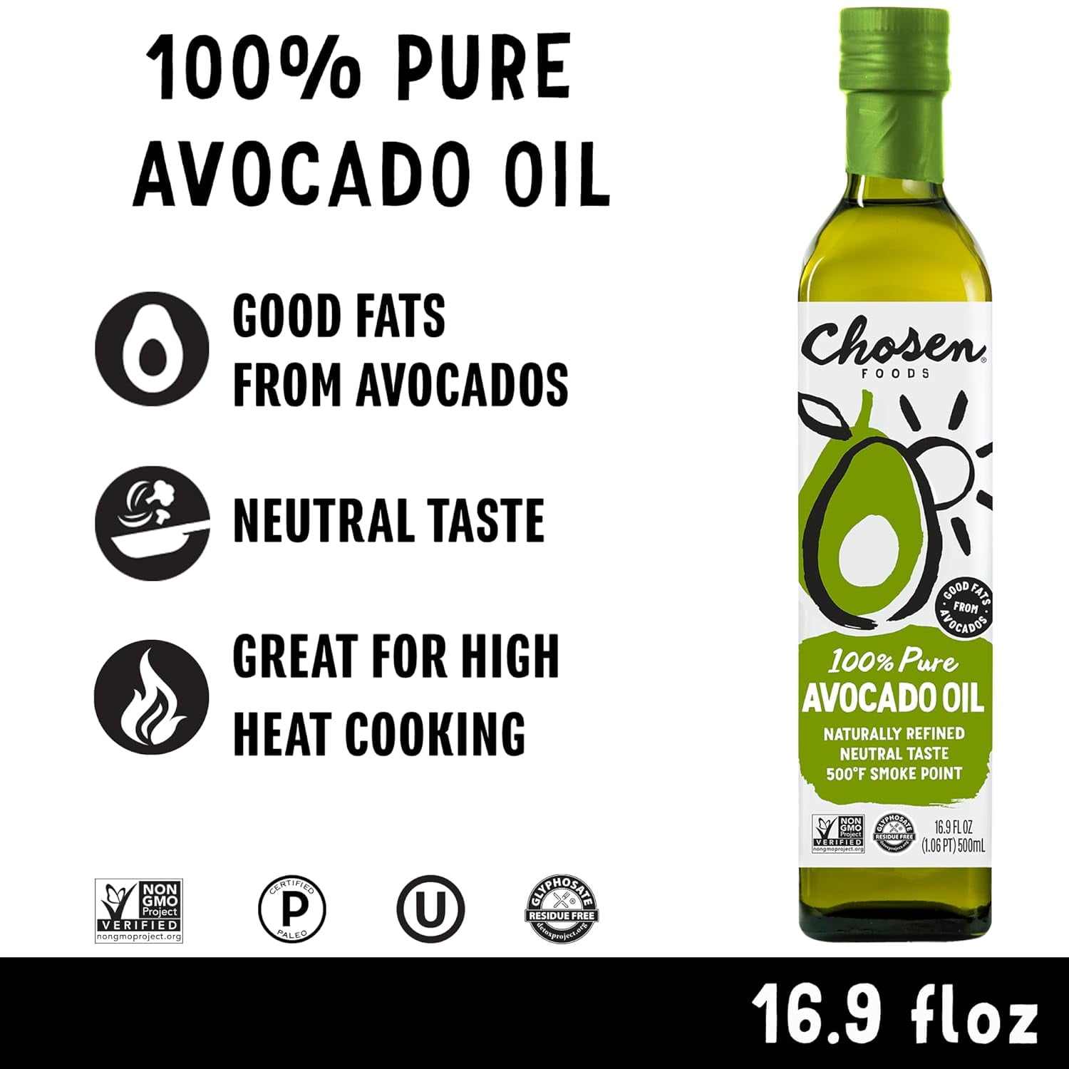 Chosen Foods 100% Pure Avocado Oil, 16.9 fl oz, (Pack of 6)
